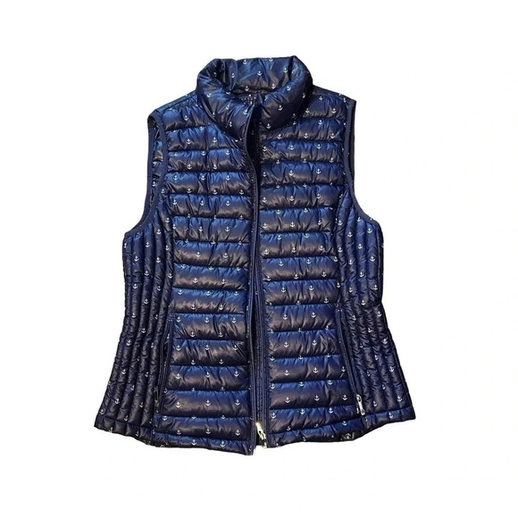 Tommy Hilfiger Womens Large Puffer Vest Navy Anchor Print EUC Packable - Picture 1 of 9